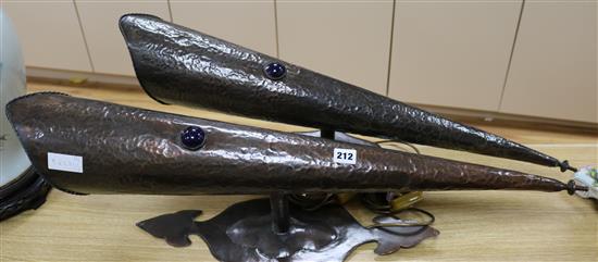 A pair of beaten copper arts and crafts style wall lights H.85cm